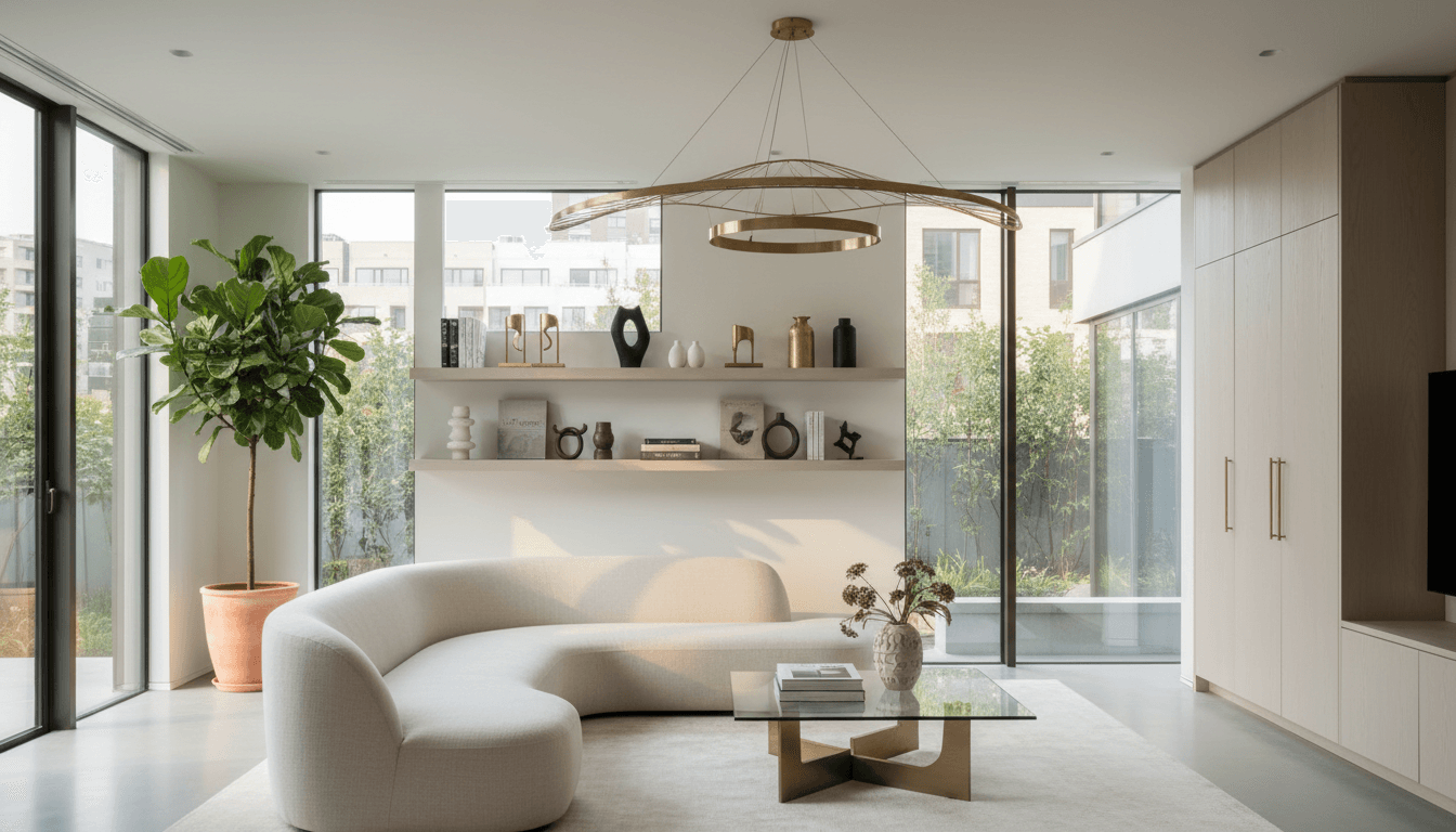 Contemporary luxury living room with minimalist furniture, floor-to-ceiling windows, and curated design objects