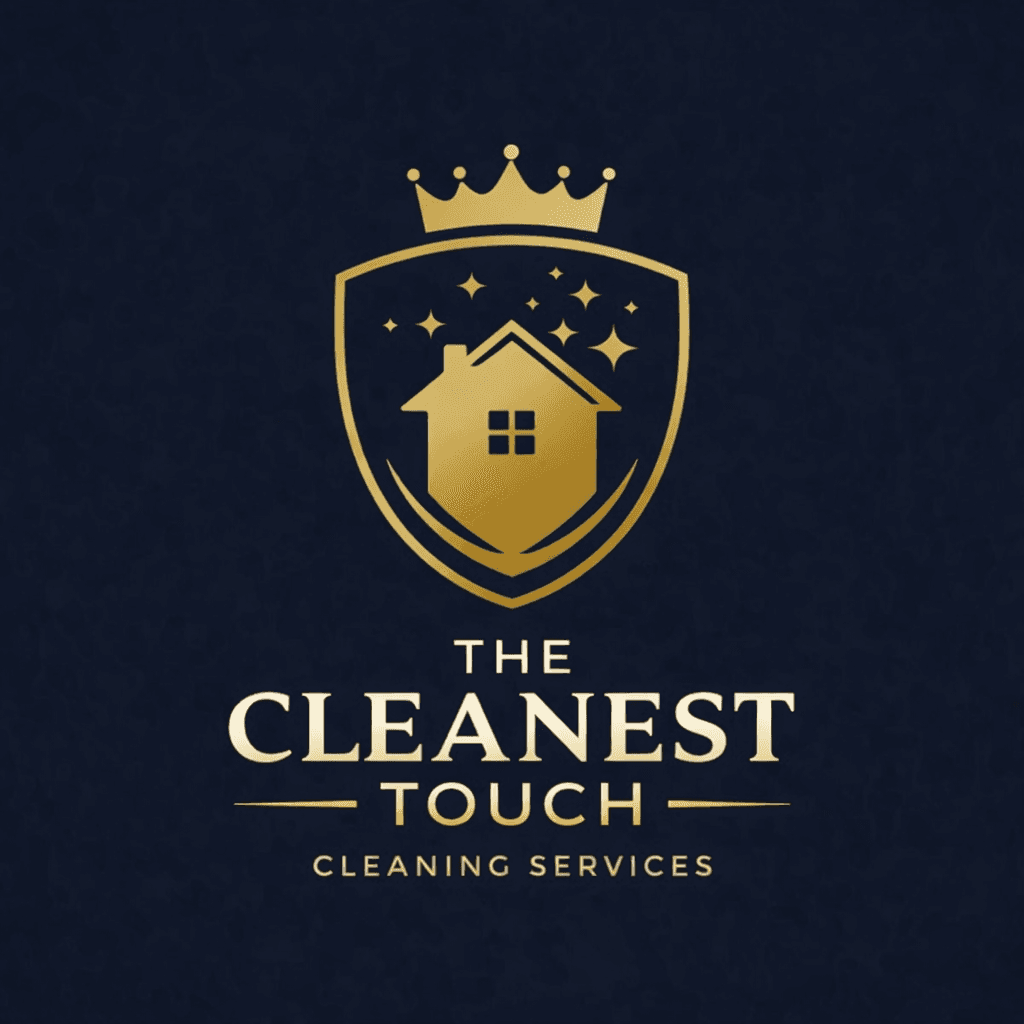 Gold logo with a house, shield, and crown for The Cleanest Touch Cleaning Services.